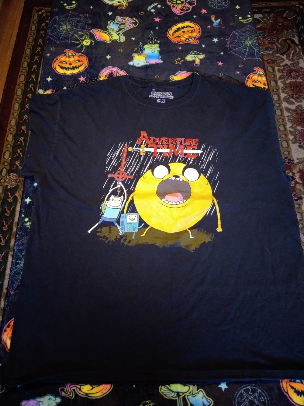 Adventure Time Black Tee with Yellow Jake & Multicolor Finn Graphic